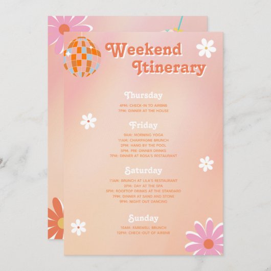 70年代フラワーパワー ディスコ バチェロレッテ 旅行計画 招待状 (正面/裏面)