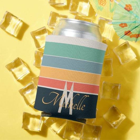 70年代モノグラムのレトロストライプネイビーブルーとピンク 缶クーラー (インサイチュ 夏)