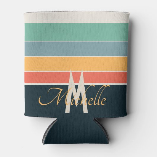 70年代モノグラムのレトロストライプネイビーブルーとピンク 缶クーラー (正面)
