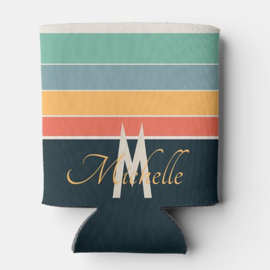 70年代モノグラムのレトロストライプネイビーブルーとピンク 缶クーラー (裏面)