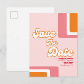 70年代レトロなコーラルピンクオレンジ　グルーヴィー　セーブ・ザ・デート 案内ポストカード (正面/裏面)
