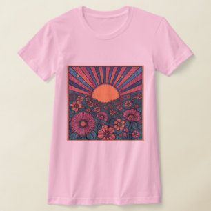 70年代レトロな日の出と花畑のデザインTシャツ Tシャツ