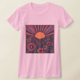 70年代レトロな日の出と花畑のデザインTシャツ Tシャツ