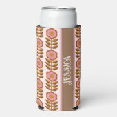 70年代レトロピンク茶色の花のパワーパターン スリム缶クーラー (Seltzer正面)