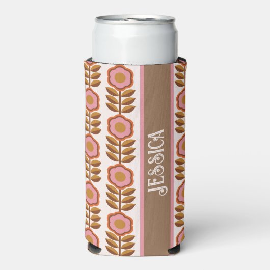 70年代レトロピンク茶色の花のパワーパターン スリム缶クーラー (Seltzer正面)