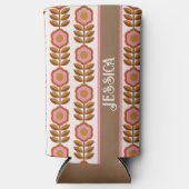 70年代レトロピンク茶色の花のパワーパターン スリム缶クーラー (正面)