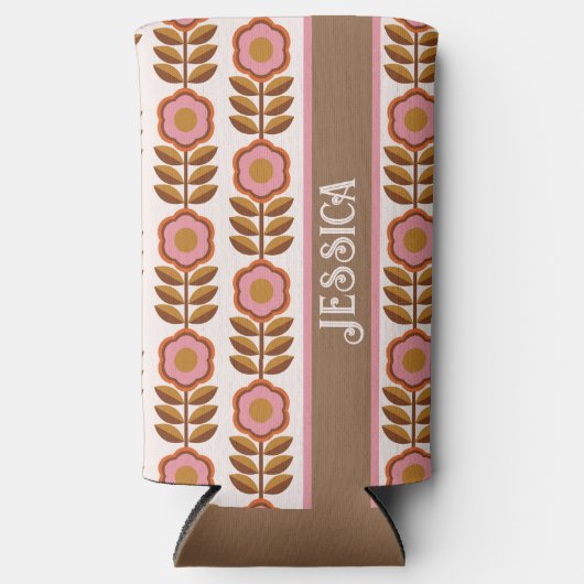 70年代レトロピンク茶色の花のパワーパターン スリム缶クーラー (正面)