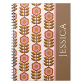 70年代レトロピンク茶色の花のパワーパターン ノートブック (正面)