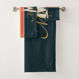 70年代レトロモノグラムのピンクとネイビーブルーストライプの バスタオルセット