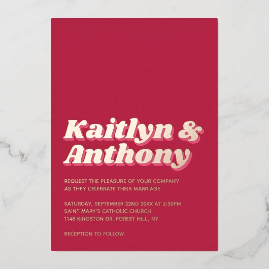 70年代レトロGroovy Vivaマゼンダ結婚ン実在ズ 箔招待状 (正面)