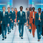 70年代ヴィンテージネイビーブルーイエローピンクストライプ色パターン ネクタイ