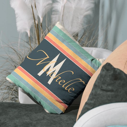 70年代ヴィンテージピンクとブルーストライプモノグラムのの クッション