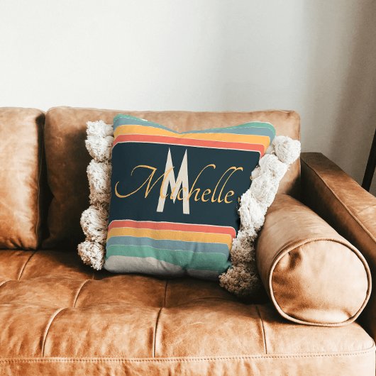 70年代ヴィンテージピンクとブルーストライプモノグラムのの クッション