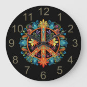 70年代60年代の平和サインカラフル ラージ壁時計 (正面)