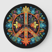 70年代60年代の平和サインカラフル ラージ壁時計 (正面)