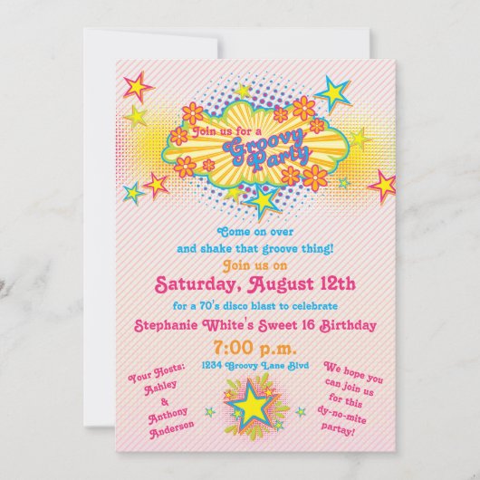 70年代 テーマ グルービー ディスコ スウィート16 バースデーパーティー 招待状 (正面)