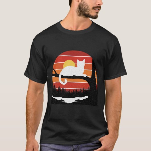 70年代 80年代スタイル 猫 木の枝 日没 アート Tシャツ (正面)