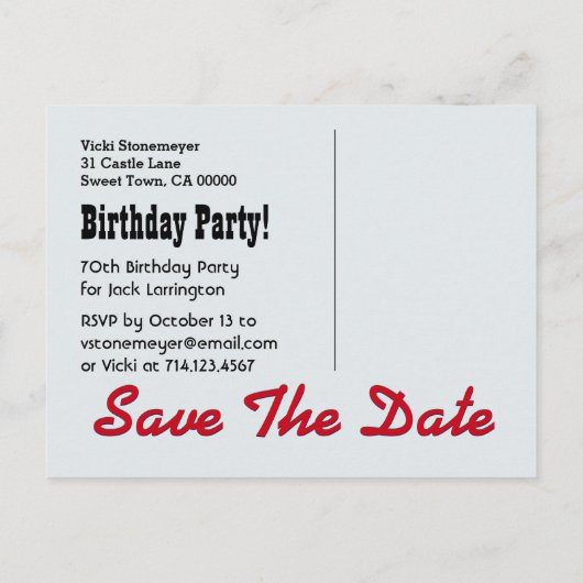 70年目おもしろいの誕生日日付V05Fを保存 案内ポストカード (裏面)