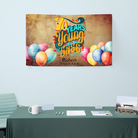 70年若いまだSassがいっぱいで、レトロGroovy 横断幕 (トレードショー)