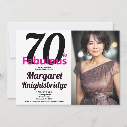70才にして華麗なる人生 写真入り70才の誕生日パーティー 招待状 (正面)
