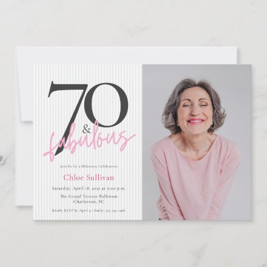 70才のお誕生日おめでとう フォト ピンク スクリプト 招待状 (正面)