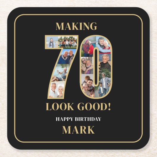 70才をステキに見せるフォトコラージュ 70歳の誕生日 スクエアペーパーコースター (正面)