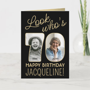70歳おめでとう ブラック&ゴールド 2枚の写真入りバースデーカード カード