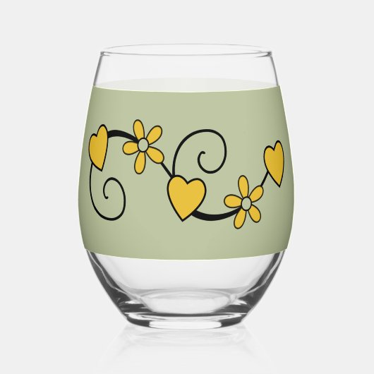 70歳になってもまだ素敵な名前 緑 黄色 ステムなしワイングラス (裏面)