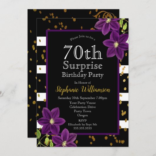 70歳のサプライズ誕生日パーティー ブラック&ゴールド 招待状 (正面/裏面)