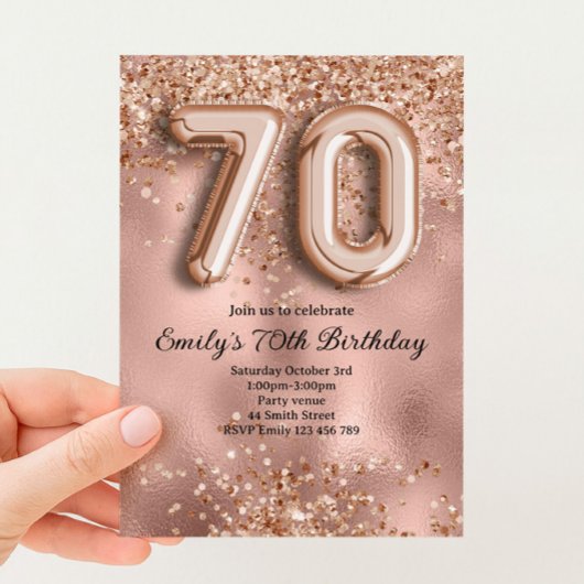 70歳のバラゴールドラメ誕生日 招待状