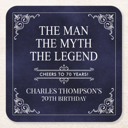 70歳の伝説の男の誕生日 青 スクエアペーパーコースター (正面)