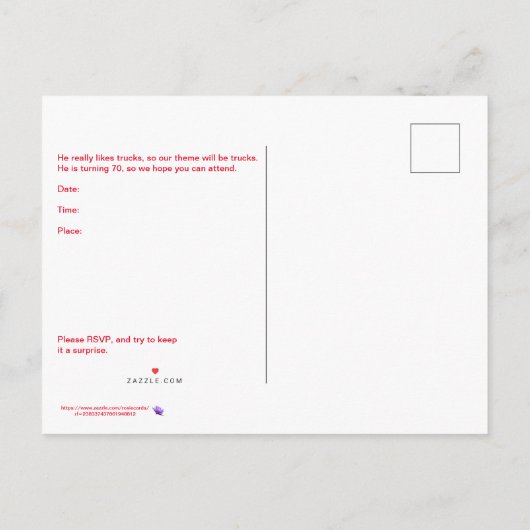 70歳の男性のための誕生日パーティーの招待 インビテーションポストカード (裏面)