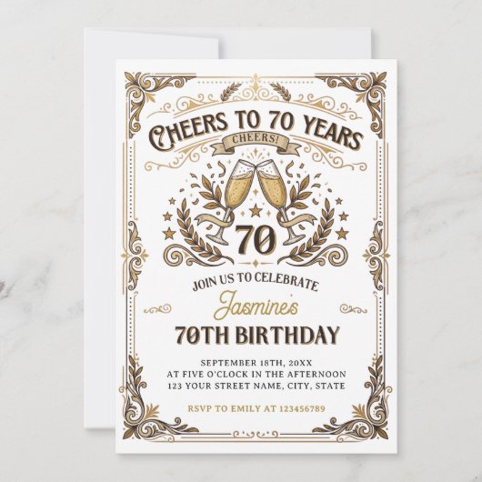 70歳の誕生日おめでとうございます ゴールド 白 バースデー 招待状 (正面)