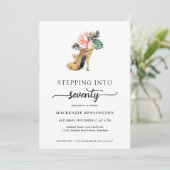 70歳の誕生日おめでとう　おしゃれな花柄のゴールドヒールで 招待状 (スタンド正面)