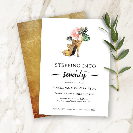 70歳の誕生日おめでとう　おしゃれな花柄のゴールドヒールで 招待状