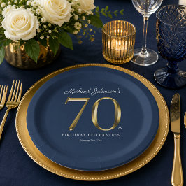 70歳の誕生日おめでとう ネイビーブルーのエレガントなゴールド文字デザイン ペーパープレート