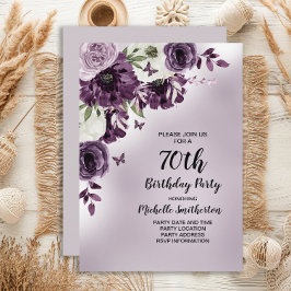 70歳の誕生日おめでとう パープル ホワイトの花と蝶々 招待状