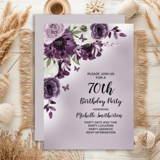 70歳の誕生日おめでとう パープル ホワイトの花と蝶々 招待状