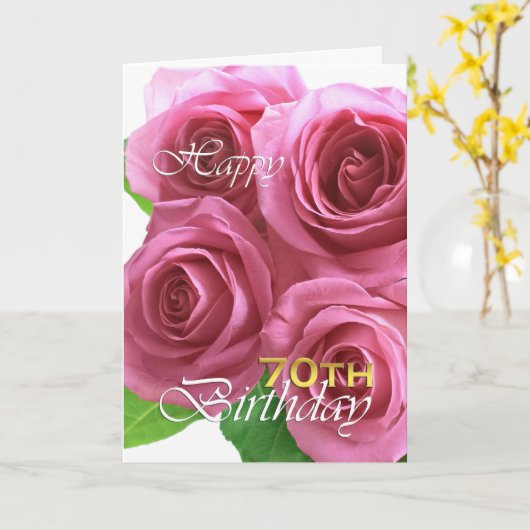 70歳の誕生日おめでとう、ピンクのバラのカード カード (黄色い花)