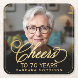 70歳の誕生日おめでとう フォト ゴールド ブラック スクエアペーパーコースター