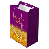 70歳の誕生日おめでとう、紫の上に金ゴールドボウ ミディアムペーパーバッグ (正面アングル)