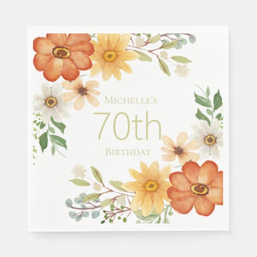 70歳の誕生日おめでとうRust Yellow Whiteの花 スタンダードランチョンナプキン (正面)