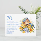 70歳の誕生日お祝いに青と黄色のお花の鳥の巣箱 招待状 (スタンド正面)