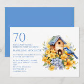 70歳の誕生日お祝いに青と黄色のお花の鳥の巣箱 招待状 (正面/裏面)