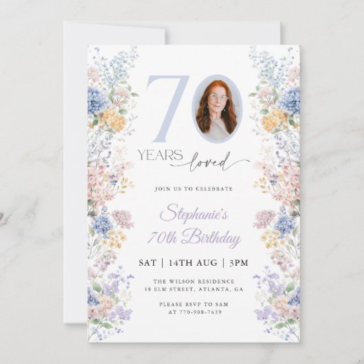 70歳の誕生日お祝いスプリング+ワイルドフラワーの写真 招待状 (正面)