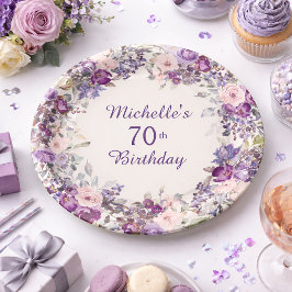 70歳の誕生日お祝いパーティー用ラベンダーとピンクの花のモチーフの紙皿 ペーパープレート