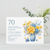 70歳の誕生日お祝い用花瓶イエローブルーの花 招待状 (スタンド正面)