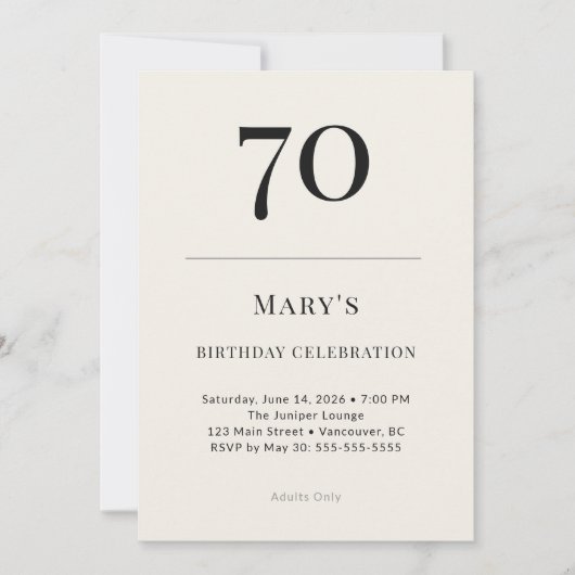 70歳の誕生日お祝い クラシック ブラック＆アイボリー 招待状 (正面)