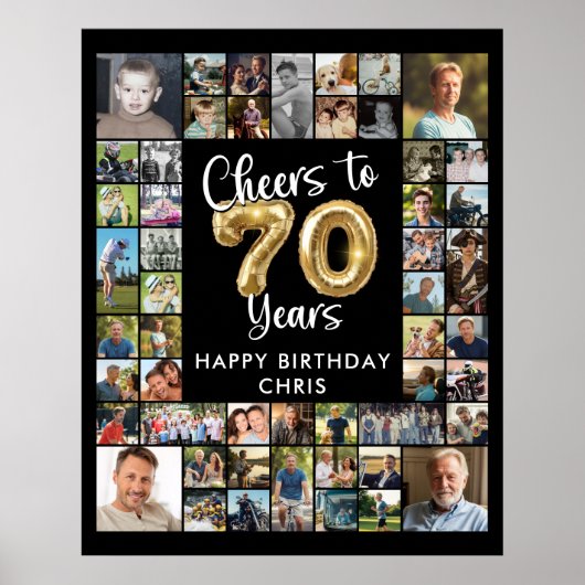 70歳の誕生日お祝い 51枚フォトコラージュ Cheers to 70 Years ポスター (正面)