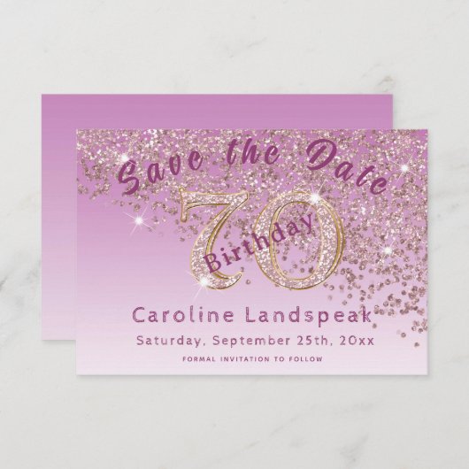 70歳の誕生日におすすめの落ちるローズゴールドグリッター セーブザデート (正面/裏面)
